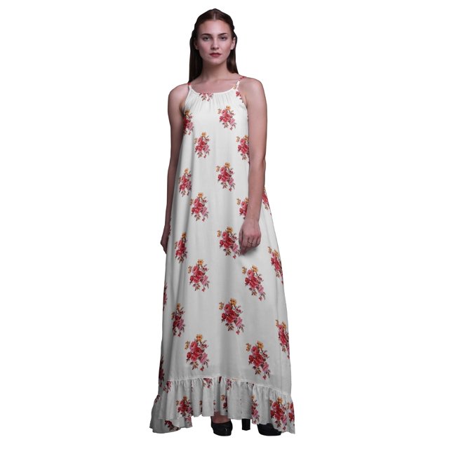 Bimba White4 Floral Leaves & Begonia Nightwear For Women Printed Nightgown Spaghetti Strap Maxi Dress Sleepwear XX-Grand