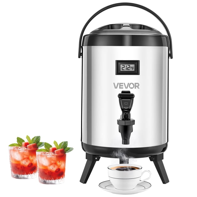 VEVOR Distributeur de Boissons Isolé pour Boissons Chaudes et Froides, Capacité de 1,5 Gallon, en Acier Inoxydable avec Affichage de la Température Intégré. Comprend un Robinet Étanche, des Pieds Pliables pour une Distribution et un Rangement Faciles, et une Poignée Ergonomique Épaissie pour la Portabilité. Convient aux Cafés, restaurants, buffets et Événements Extérieurs.