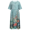 thumbnail image 5 of Jovati Robe à Manches Courtes à Col Rond pour Femmes, Motif Floral Imprimé, Silhouette Évasée Fluide, Mélange Polyester Spandex, Coupe Estivale Légère, Détail Taille Élastique, 5 of 5