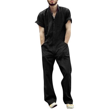 XZNGL Men's Zipper Overalls With Lapel Solid Color Jumpsuit