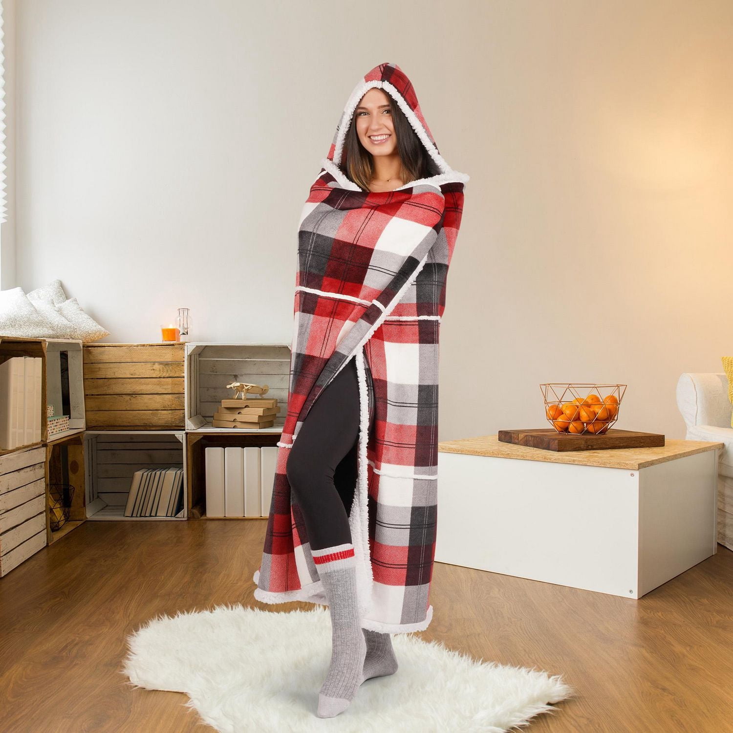 Safdie & Co. Couverture Jeté à Capuche Hoodzy Ultra Doux en Flanelle avec Endos en Sherpa Carreaux d'Hiver