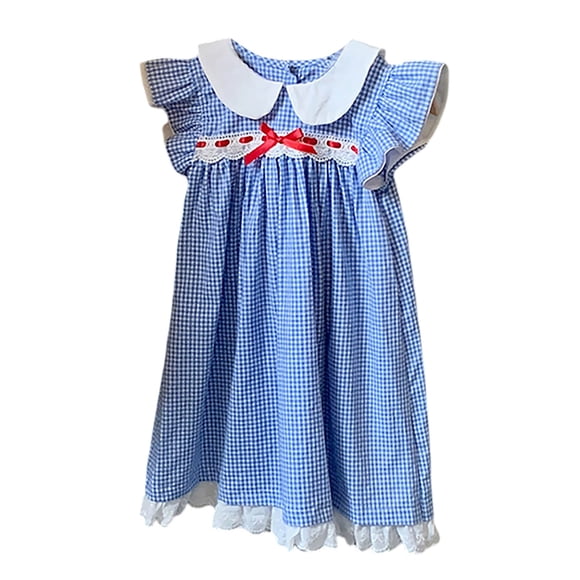 LUOGENLI Dress Toddler Children Girls Fly Sleeve Lace Grid Prints Dresses Clothes Casual Dress for Girls Knee Length Blue 1-2 Years