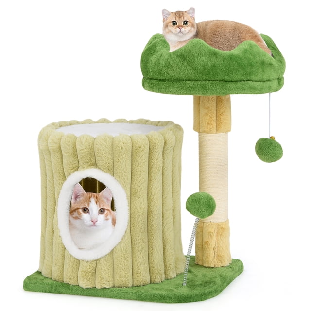 Gymax Modern Small Cat Tower with a green plush padded perch resembling a budding flower, a large condo designed like flower petals, and sisal scratching posts. Features a hanging pompom with a bell and a spring toy for feline entertainment. Compact two-tier design ideal for small spaces, serving as stylish cat furniture and an indoor pet playhouse.