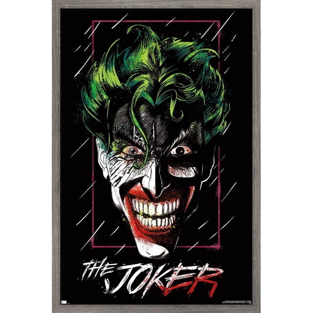 DC Comics - The Joker - Affiche Murale Gros Plan, 14,725 Po x 22,375 Po Encadrée, Représentant un Gros Plan des Cheveux Verts du Joker avec des Mèches Noires sur un Fond Noir Encadré par un Mince rectangle Rouge, avec « The Joker » en Texte Style Graffiti Blanc et Rouge au Bas, Imprimée sur Papier Lustré, Convenant à l'Art Mural et à la Déco Intérieure.
