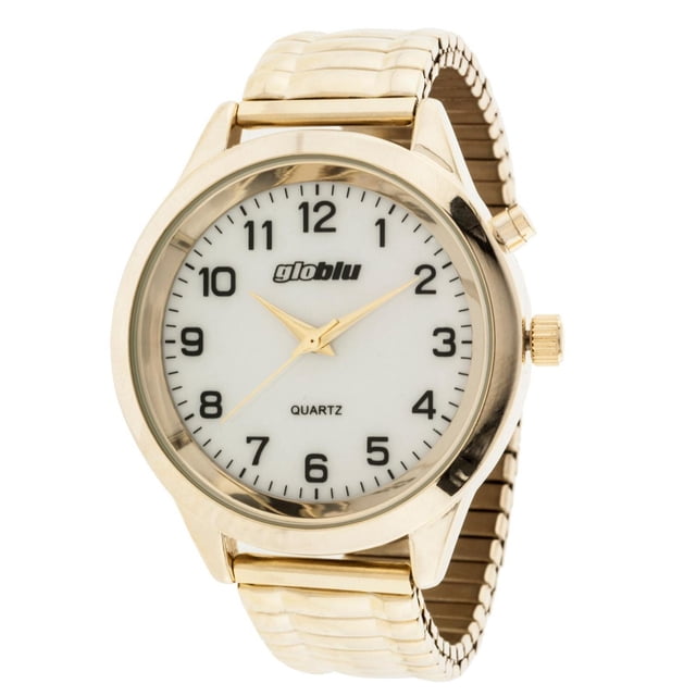 Globlu Mens Goldtone Expansion Analog Watch with a 41 mm round polished gold case and a glossy white dial featuring black printed easy-to-read numbers and gold hands. It includes a stainless steel goldtone expansion band, quartz accuracy movement, and 100 ft water resistance, suitable for casual and dress wear.