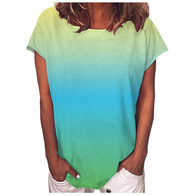 Pompotops Femmes Décontracté Dégradé Couleur Manches Courtes T-Shirt Tunique Chemisier Tops