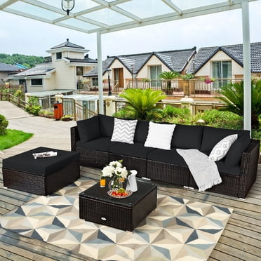 Costway Ensemble de Mobilier d'Extérieur en Rotin pour Patio 6 Pcs Canapé Sectionnel Coussiné Noir
