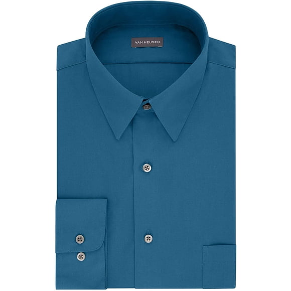 Van Heusen Mens Dress Shirt Fitted Poplin Solid 18 Neck 36-37 Sleeve Deep Sea
