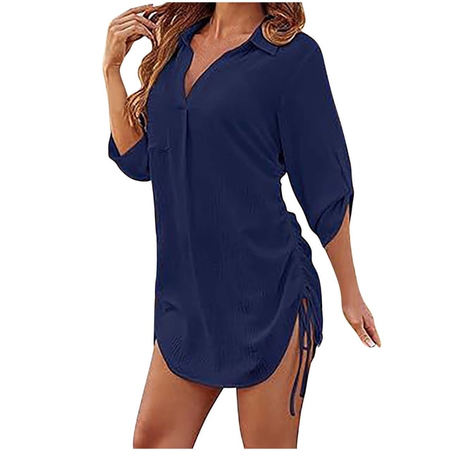 Plebaso Sortie de Plage pour Femme à Col en V avec Col, Manches 3/4, Chemise de Bikini, Sortie de Plage, Maillot de Bain à Cordon, Robe de Plage