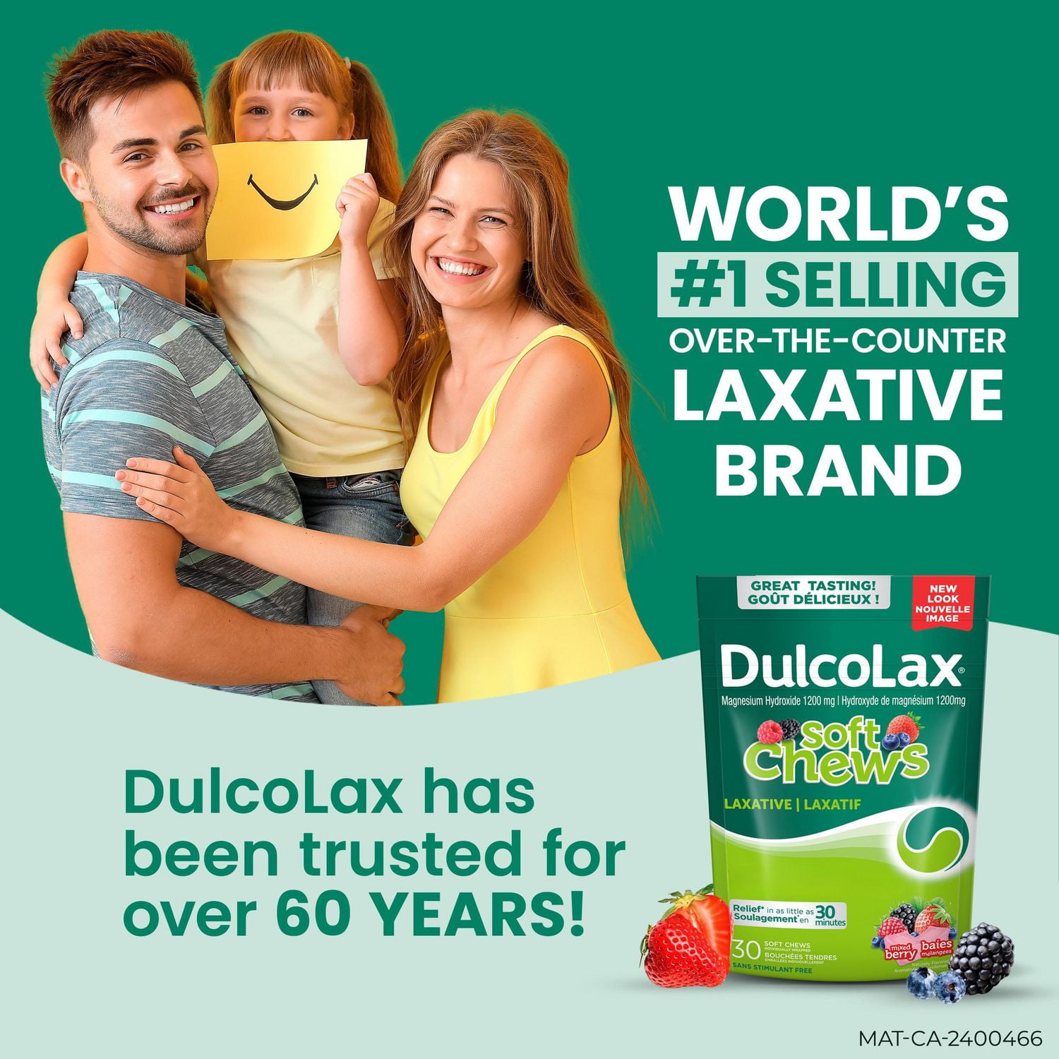 DulcoLax Soft Chews, laxatif pour un soulagement en douceur de la constipation occasionnelle, pour les adultes et enfants de 12 ans et plus, végétalien, sans stimulant, sans gluten, baies mélangées, 3
