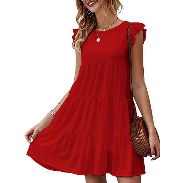 UKAP Robe T-Shirt pour Femme, Robe d'Été Évasée, Courte Mini, Simple Boho, Rouge, G