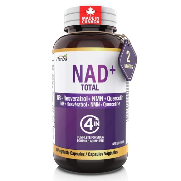 Herba NAD+ Supplement 550mg – 60 Capsules | 4-in-1 NAD Plus Total with Nicotinamide Riboside (NR), β-NMN, Resveratrol & Quercetin | Made in Canada