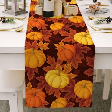 Thanksgiving Day Tablecloths 13 x 70 Inch Fall Leaf Pumpkin Maple Leaf Tablecloth Bumper Harvest Theme Autumn Festival Linen Table Cover for Family Dining Unity Gathering Table Protector