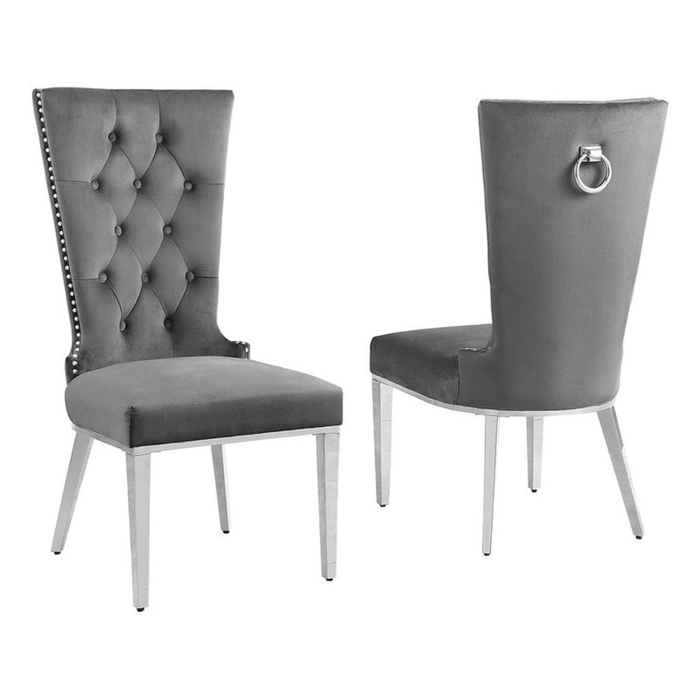 Chaises Latérales Rembourrées en Velours Gris Foncé avec Acier Inoxydable, Ensemble de 2