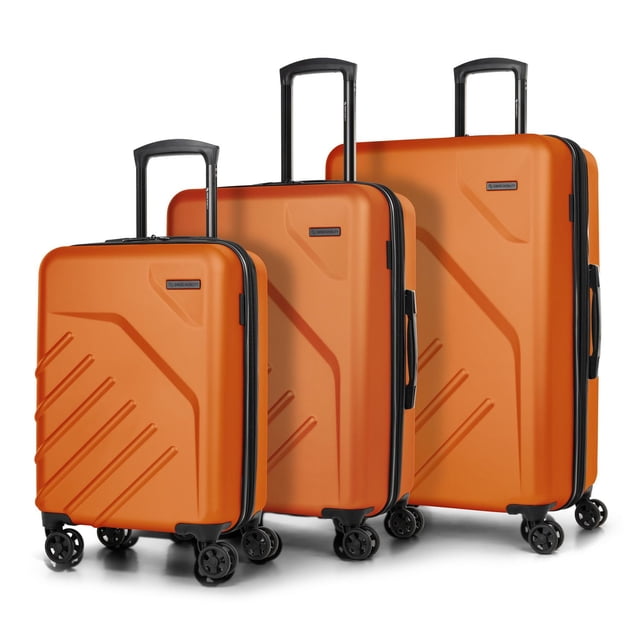 Swiss Mobility LGA Collection Ensemble de Valises Rigides Légères en orange Vif avec Trois Tailles, Coque en ABS durable, Motifs de Lignes Diagonales Texturés, Poignées Télescopiques Noires Verrouillées en position Étendue, et 8 Roues Pivotantes pour une Mobilité Fluide à 360 Degrés, Convient à un Voyage Organisé avec des Compartiments Sécurisés.