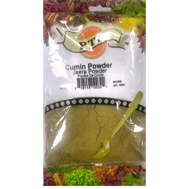 PTI Cumin Powder package containing 400g of finely ground cumin spice in a clear plastic pouch with a yellow spoon graphic on the powder. The white label displays the PTI logo with the slogan 'Enjoy the flavour, remember the taste,' and text in English and French. This household spice promotes healthy digestion and adds taste to food. The packaging is decorated with images of various whole spices around the edges.