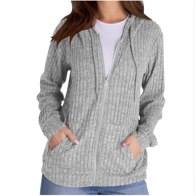 Womens Zip Up Hoodies Casual Solid Color Long Sleeve Hooded Coat Fall Winter Trendy Comfy Daily Jacket with Pockets Gray XL