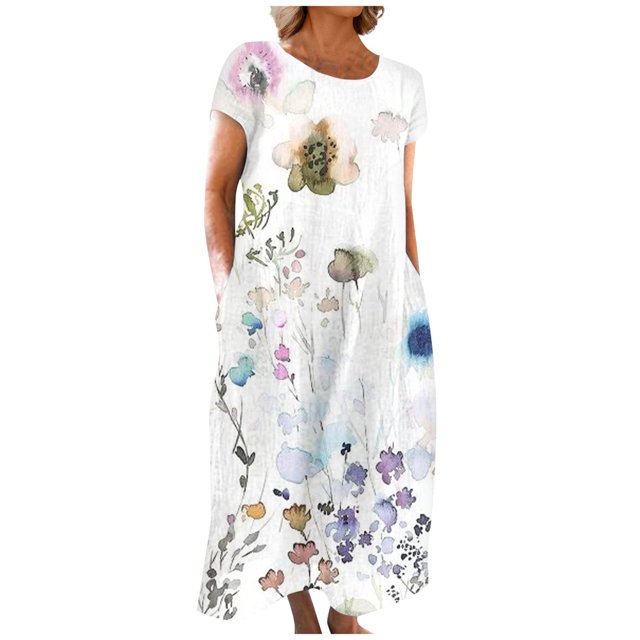 CHOK Robe en Lin Décontractée à Manches Courtes et Col Rond pour Femmes, Couleur Unie, Coton et Lin, Robe d'Été 2024 avec Poches, Gris, TG