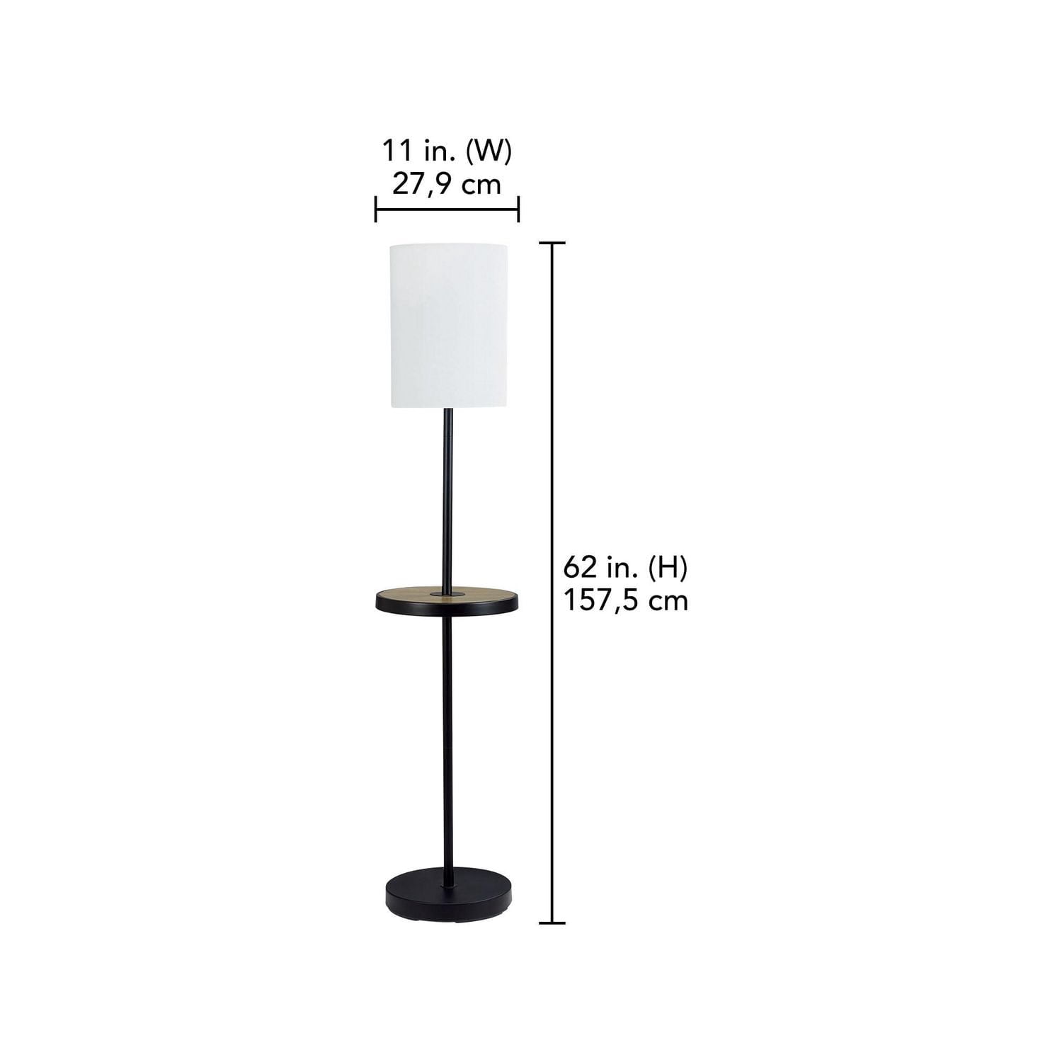 Lampadaire Mainstays de 62 po avec plateau en faux bois et pied noir mat