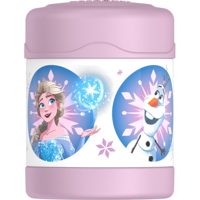 Thermos Funtainer Vacuum Insulated 10 Oz Food Jar in light purple with a white band showing illustrations of Elsa casting a snowflake spell and Olaf smiling inside blue circles with pink snowflake accents, ideal for keeping food hot or cold during travel or school lunch.