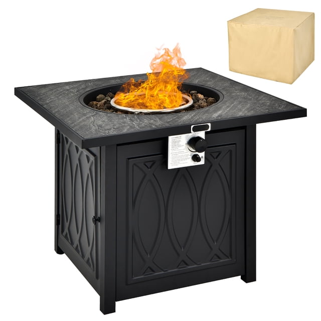 Costway Table de Foyer au Propane de 32 Pouces avec Plateau Carré, Doté d'Une surface Ignifuge Noire en Poudre de Minerai et d'Un Cadre Décoratif en Acier. le Foyer Comprend un Brûleur en Acier Inoxydable Entouré de Roches de Lave, Produisant une Flamme de 50 000 BTU. Il Est Livré avec un Bouton de Commande pour des Réglages de Flamme Ajustables et un Système d'Allumage Automatique. l'Ensemble Comprend une Housse en PVC Imperméable, un Stylo de Retouche Instantanée et Deux Boîtes de Pierres de Lave. Convient à une Utilisation Extérieure dans les patios,