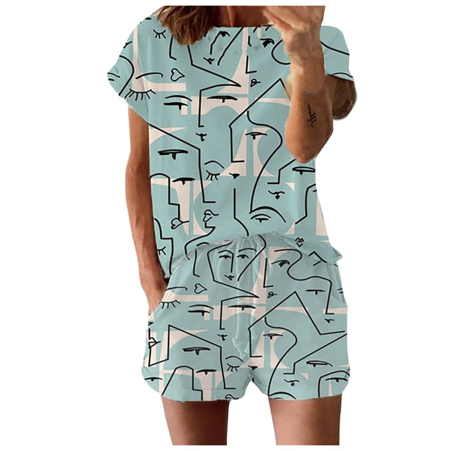 Fridja Ensemble de Survêtement Décontracté pour Femmes à Manches Courtes, Imprimé Teinture sur Nœuds, 2 Pcs
