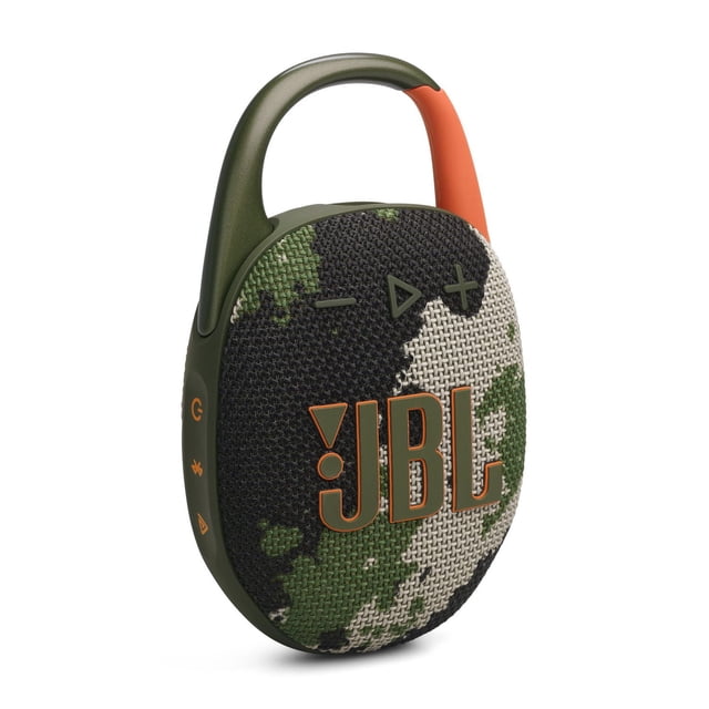 JBL CLIP 5 portable Haut-Parleur Bluetooth avec grille en Tissu camouflage Vert, Noir et beige, Doté d'Une Poignée Mousqueton Intégrée Vert olive et orange, de Boutons de Commande avant et du logo JBL orange, Idéal pour la Coupe en Plein Air.