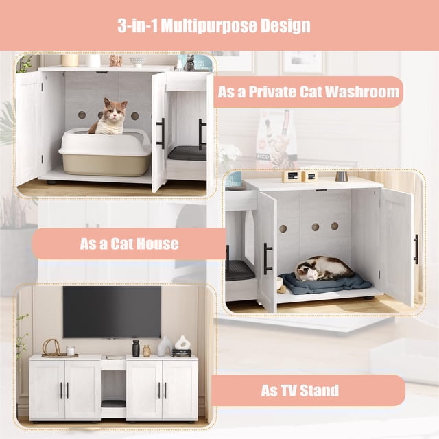 BeesClover Wooden Cat Litter Box Enclosure for 2 Cats, Double Compartment Hidden Litter Box, White Modern Design Cat House