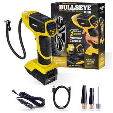 Bullseye Gonfleur de pneus 150 lb/po², compresseur d’air électrique portatif pour auto et vélo avec manomètre à DEL, 12 V c.c., jaune