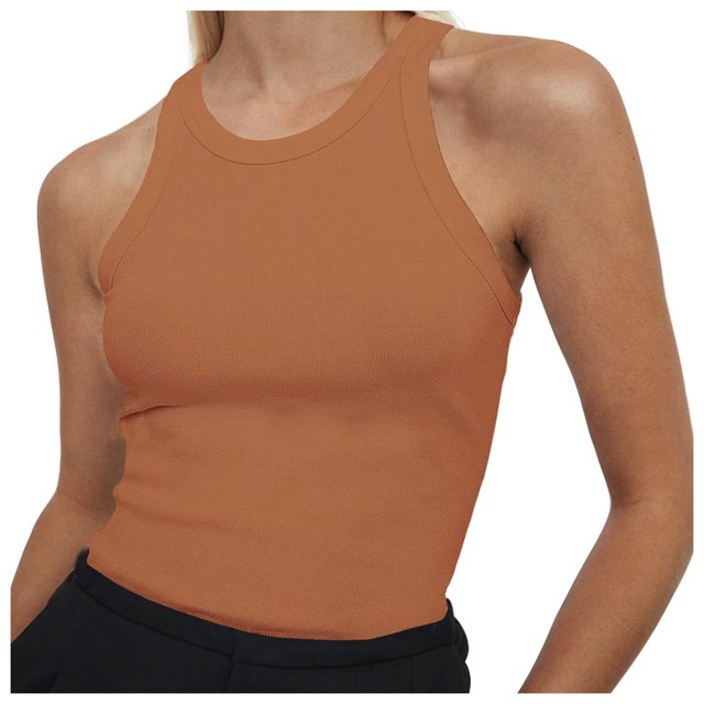 MIASHUI Women's Tops Sleeveless Full Length Ribbed Basic Tank Top Women Clothing,Brown,M