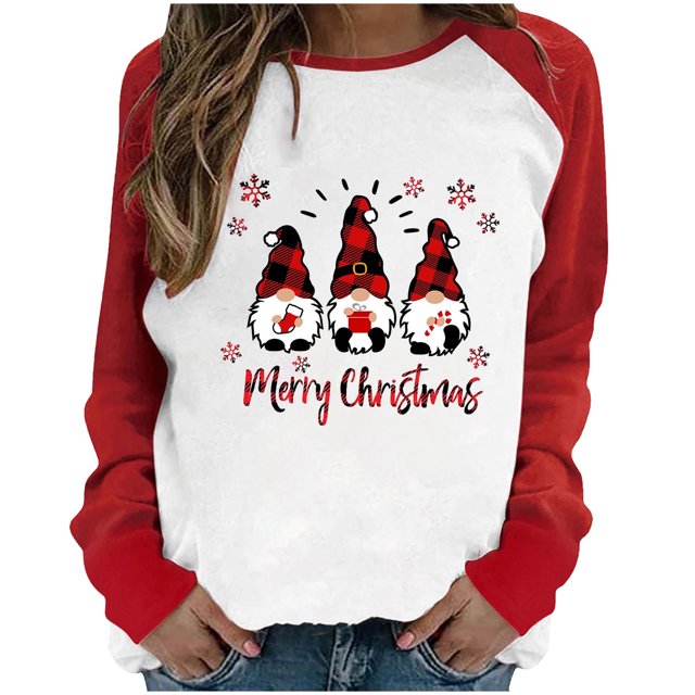 RKSTN Chandail pour Femmes de Noël à Col Rond, Chandail Imprimé du Père Noël, Manches Longues, Blouse Régulière à Empiècements