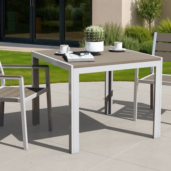 CorLiving Gallant Square Aluminum and Poly-Wood Outdoor Dining Table with Umbrella Hole, Silver Grey/Taupe