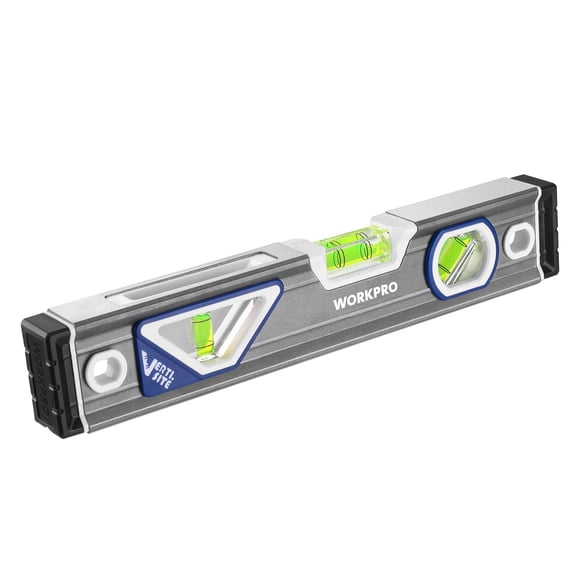 WORKPRO 10 Inch Torpedo Level Small leveler tool with 3 Different Bubbles 45/90/180 bubble level With Shock Absorbing End Caps V-Groove for Conduit Bending Silver/White/Blue