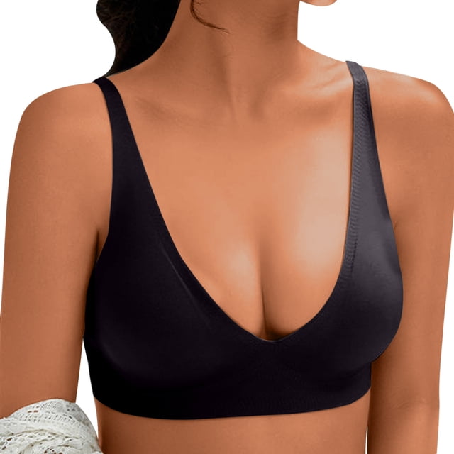 Timegard Womens Bras Adjustable Strap Wireless Deep V Neck Smoothing Full Support Comfort Everyday Bra displayed in a front-facing view. This wireless bra features a deep V-neck design, adjustable straps, and breathable, stretchy fabric that smooths bumps and bulges on the back and sides. Ideal for pairing with dresses, tank tops, t-shirts, and sweaters, offering all-day comfort and support.