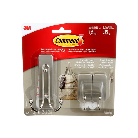 Grands et petits crochets doubles en nickel brossé 17036BN-VPEF Command(MC), 1 grand crochet, 2 petits crochets, 1 grande bande, 2 petites bandes