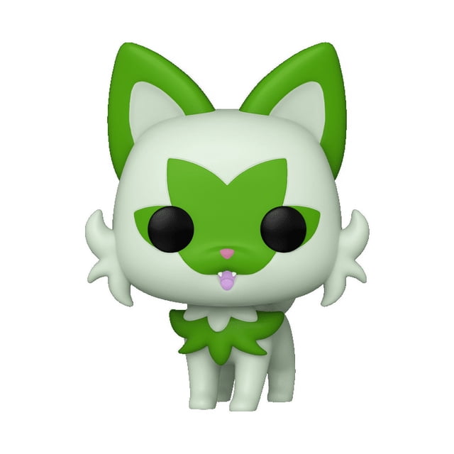 Funko Pop! Games: Pokemon - Sprigatito Vinyl Figure, a front-facing vinyl action figure over three inches tall, featuring a stylized cat with large black eyes, green ears, and leaf-shaped green markings on its face and neck, suitable for collectors and fans.