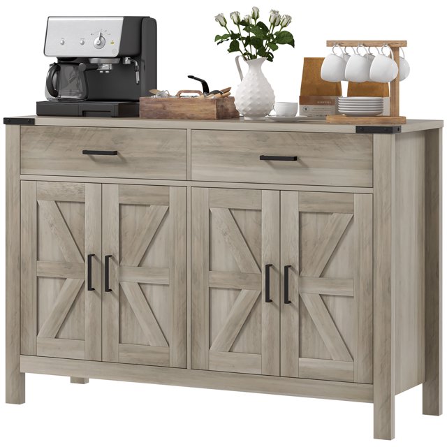CoSoTower Buffet de Style Ferme avec 2 Tiroirs, 2 Armoires de Rangement et Tablettes Ajustables, Gris