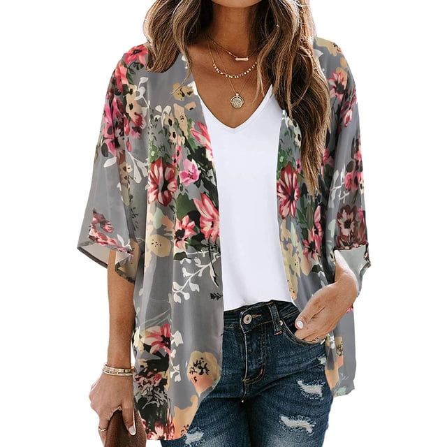 TIMIFIS Womens Floral Chiffon Kimono Cardigans Loose Beach Cover Up Half Sleeve Tops-Gray-XXXLFall