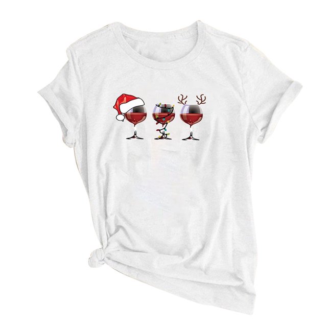 Qertyioot Femmes Noël Vin Verre Imprimé Manches Courtes T-shirt Décontracté Col Rond Pulls Hauts