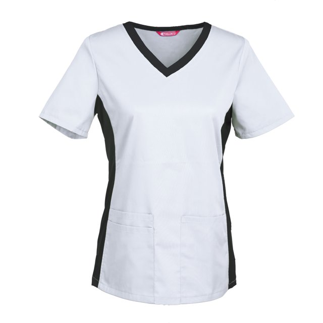 Women's scrub top by TAILOR'S featuring a V-neck design, short sleeves, and stretch side panels in a contrasting black colour. Made from a 65% polyester and 35% cotton blend, it includes three pockets, one of which is a double side pocket. Suitable for machine wash and dry.