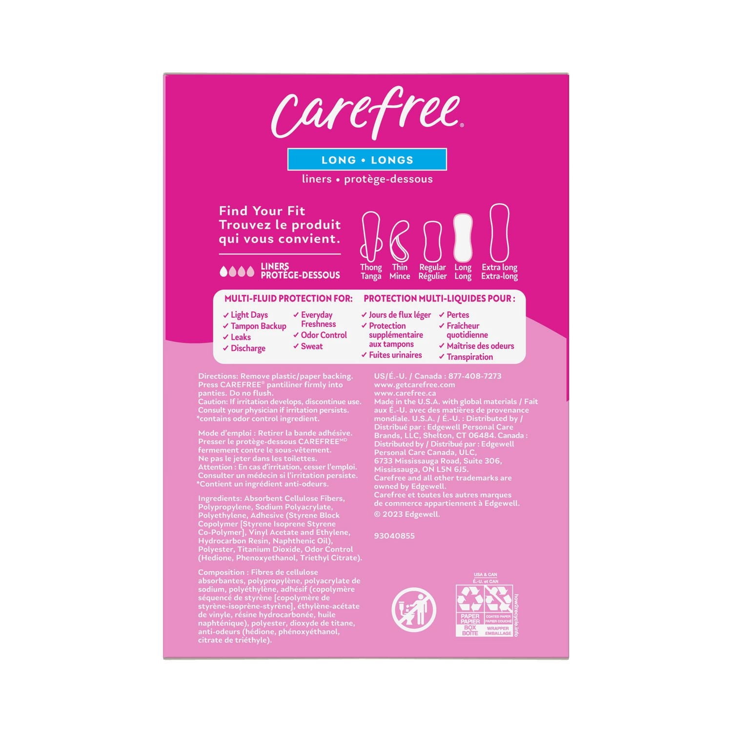 Emballage de 92 protège-dessous Carefree Acti-Fresh galbés longs