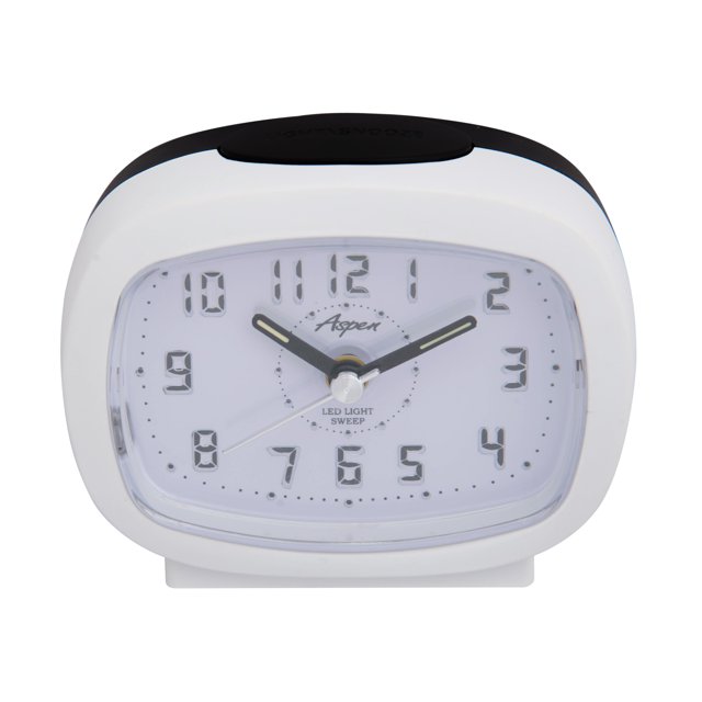 Aspen Analog Alarm Clock with Snooze & Blue LED Lighted Numbers - No Ticking Sound & Easy-to-Read Desk & Bedside Alarm Clock - Battery Operated, Retro Clock - Rectangle - White