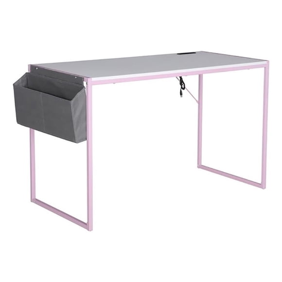 JJS Small Computer Desk Simple Style Writing Desk for Small Spaces 48 Inch Home Office Modern Student Study Laptop Writing Table with Storage Bag USB Hub, White/Pink