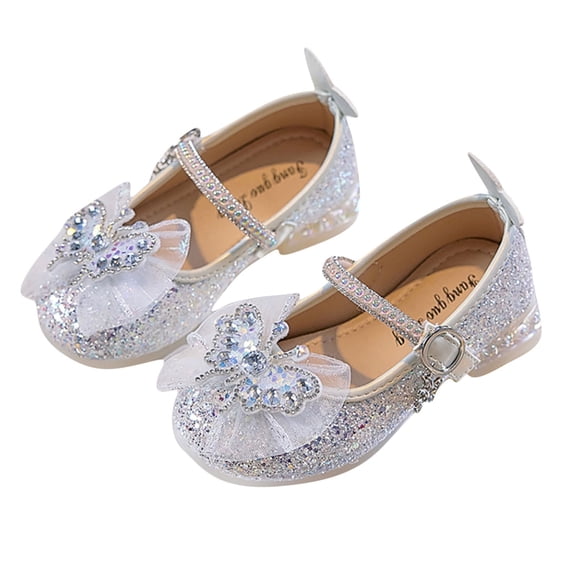 LOVZFMLL Girls' Dress Shoes Butterfly Lace Bow Knot Mary Jane Low Heels Girls Princess Glitter Rhinestone Footwear for Toddler Kid White 3.5-4 Years