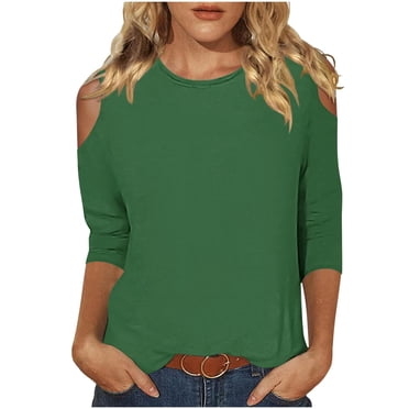 AherBiu Hauts à Épaules Dénudées pour Femmes Manches 3/4 Chemises d'Été Décontractées Col Ras du Cou Blouses Tendance Confortables Tunique