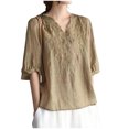 thumbnail image 1 of Pisexur Haut à Manches Courtes à Col Rond Brodé Rétro à la Mode pour Femmes, Hauts pour Femmes, Blouses Habillées Décontractées, Hauts pour Femmes Kaki, 2TG, 1 of 4