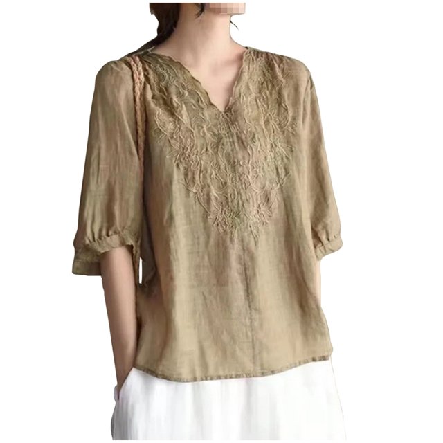 Pisexur Haut à Manches Courtes à Col Rond Brodé Rétro à la Mode pour Femmes, Hauts pour Femmes, Blouses Habillées Décontractées, Hauts pour Femmes Kaki, 2TG