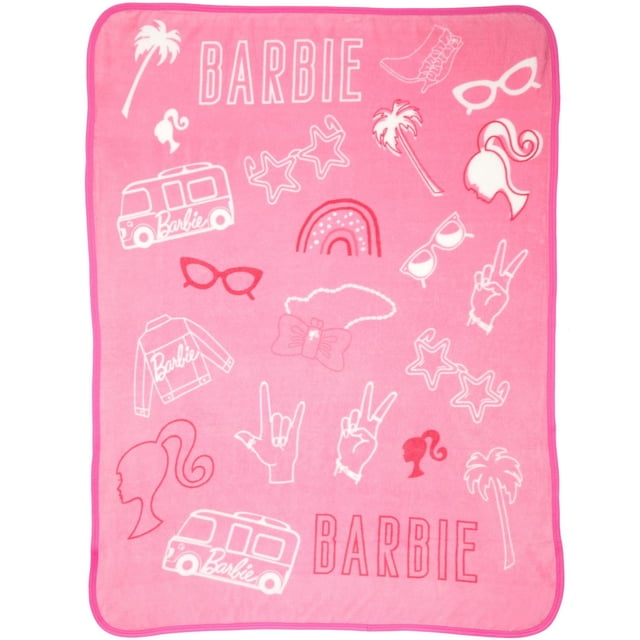 Barbie "Malibu Icon" Throw in pink 100% polyester featuring Barbie logos, palm trees, sunglasses, star-shaped glasses, rainbows, hand signs, Barbie silhouette heads, a bow necklace, jacket, and camper van prints, measuring 46 by 60 inches with pink edging, ideal for bedroom decor or cozy use.