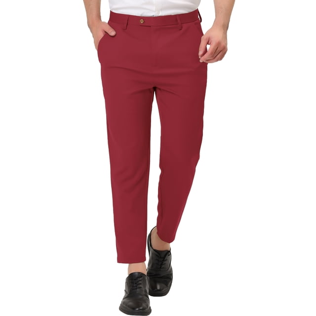 INSPIRE CHIC Men's Formal Cropped Pants Solid Color Flat Front Dress Trousers Burgundy 32