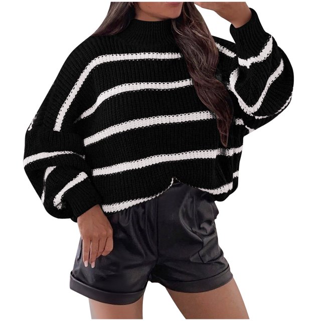 Besolor Chandails à Demi-Col Roulé pour Femmes, Tricot Rayé à Manches Longues, Chandail Ample Décontracté, Hauts d'Automne, Blouses Tendance